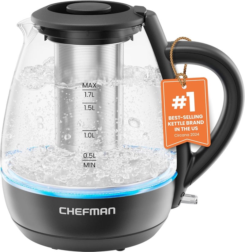 Chefman Electric Kettle with Tea Infuser, 1.7L 1500W, Removable Lid for Easy Cleaning, Boil-Dry Protection, Stainless Steel Filter, BPA Free, Auto Shut Off Hot Water Boiler, Glass Electric Tea Kettle - Image 1